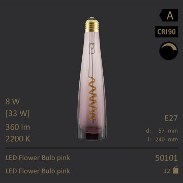  50101 - 8W=33W Segula LED Flower Bulb pink Curved E27 360Lm CRI90 2200K dimmbar  41.35USD - 43.54USD  