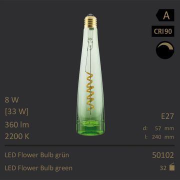  50102 - 8W=33W Segula LED Flower Bulb grn Curved E27 360Lm CRI90 2200K dimmbar  41.35USD - 43.54USD  