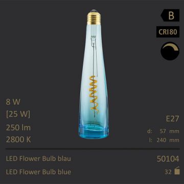  50104 - 8W=25W Segula LED Flower Bulb Blau Curved E27 250Lm CRI90 2800K dimmbar  6481.67JPY - 6825.06JPY  