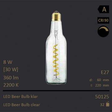  50125 - 8W=30W Segula LED Beer Bulb klar Curved E27 360Lm CRI90 2200K dimmbar  28.76GBP - 30.27GBP  