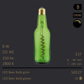  50127 - 8W=25W Segula LED Beer Bulb grn Curved E27 250Lm CRI80 2800K dimmbar  37.22USD - 39.18USD  