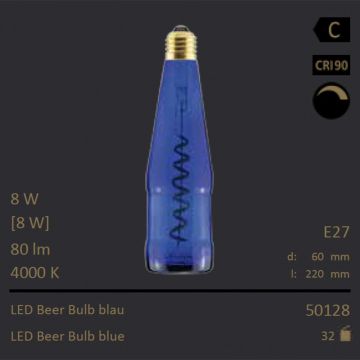  50128 - 8W=8W Segula LED Beer Bulb blau Curved E27 80Lm CRI90 4000K dimmbar  36.59USD - 38.52USD  
