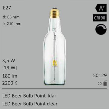  50129 - 3,5W=19W Segula LED Beer Bulb Point klar E27 180Lm CRI90 2200K dimmbar  3918.13JPY - 4356.09JPY  