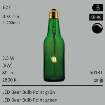  50131 - 3,5W=8W Segula LED Beer Bulb Point grn E27 80Lm CRI80 2800K dimmbar  19.88GBP - 22.10GBP  