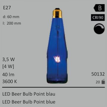  50132 - 3,5W=4W Segula LED Beer Bulb Point blau E27 40Lm CRI90 3600K dimmbar  19.66GBP - 21.86GBP  