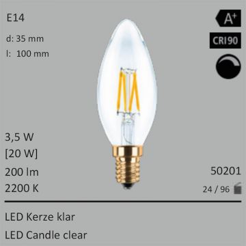  50201 - 3,5W=20W LED Kerze klar E14 200Lm 360 Ra>90 2200K dimmbar  9.86GBP - 10.96GBP  