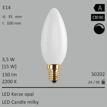  50202 - 3,5W=15W LED Kerze opal E14 150Lm 360 Ra>90 2200K dimmbar  13.17USD - 13.86USD  