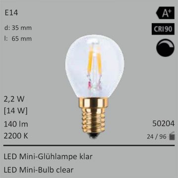  50204 - 2,2W=14W LED Mini-Glhlampe klar E14 140Lm 360 Ra>90 2200K dimmbar  12.48USD - 13.87USD  