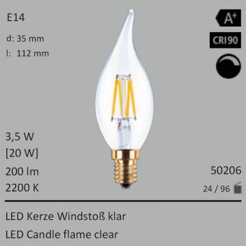  50206 - 3,5W=20W LED Kerze Windstoss klar E14 200Lm 360 Ra>90 2200K dimmbar  1990.29JPY - 2212.38JPY  
