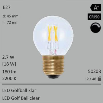  50208 - 2,7W=18W LED Golfball klar E27 180Lm 360 Ra>90 2200K dimmbar  1990.29JPY - 2212.38JPY  