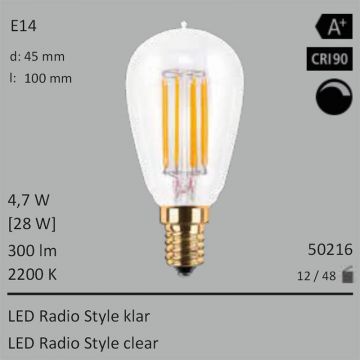  50216 - 4,7W=28W LED Radio Style klar E14 300Lm 360 Ra>90 2200K dimmbar  18.27USD - 20.30USD  