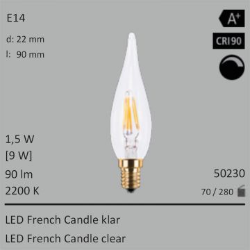  50230 - 1,5W=9W LED French Candle klar E14 90Lm 360 Ra>90 2200K dimmbar  11.33GBP - 12.59GBP  