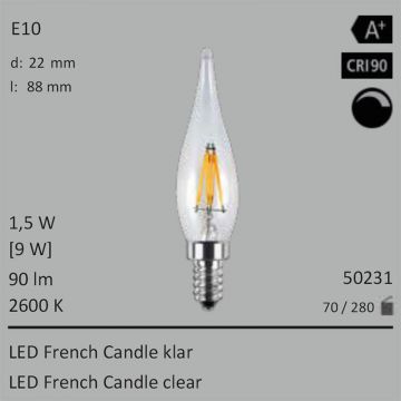  50231 - 1,5W=9W LED French Candle klar E10 90Lm 360 Ra>90 2600K dimmbar  14.40USD - 16.00USD  