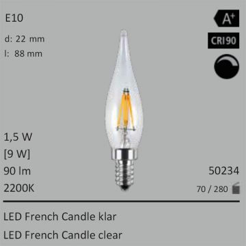  50234 - 1,5W=9W LED French Candle klar E10 90Lm 360 Ra>90 2200K dimmbar  11.33GBP - 12.59GBP  