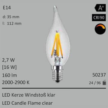 50237 - 2,7W=16W LED Windstoss Kerze klar E14 160Lm 360 Ra>90 2000-2900K ambient dimmbar  2432.61JPY - 2703.84JPY  