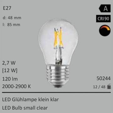  50244 - 2,7W=12W LED Glhbirne klein klar E27 120Lm 360 Ra>90 2000-2900K ambient dimmbar  15.36USD - 17.07USD  