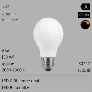  50247 - 8W=40W LED Glhbirne opal E27 450Lm 360 Ra>90 2000K-2900K Ambient Dimming  21.18GBP - 23.54GBP  