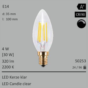  50253 - 4W=30W LED Glas Glhfadenkerze dimmbar klar E14 320Lm 360 Ra>90 2200K  11.36GBP - 12.63GBP  