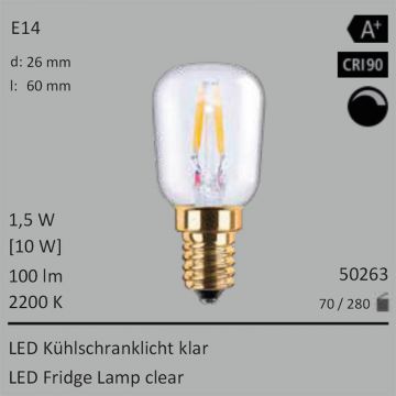 50263 - 1,5W=10W LED Khlschranklicht klar E14 100Lm 360 Ra>90 2200K dimmbar  9.81GBP - 10.90GBP  