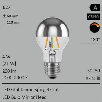  50280 - 4W=21W LED Spiegelkopf Birne silber E27 200Lm 180 Ra>90 2000-2900K ambient dimmbar  3602.14JPY - 3891.00JPY  