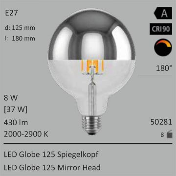  50281 - 8W=40W LED Globe 125 Spiegelkopf silber E27 430Lm 360 Ra>90 2000-2900K ambient dimmbar  5026.27JPY - 5585.68JPY  