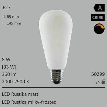  50299 - 8W=33W LED Rustika matt E27 360Lm 360 Ra>90 2000-2900K Ambient Dimming  22.76GBP - 25.30GBP  