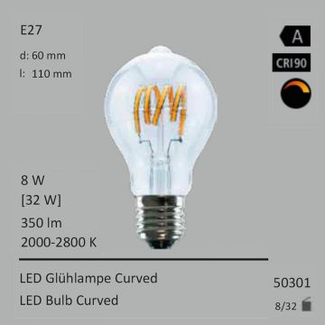  50301 - 8W=32W LED Glhbirne Curved klar E27 350Lm 360 Ra>90 2000K-2800K Ambient Dimming  31.77USD - 35.30USD  