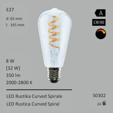  50302 - 8W=32W LED Rustika Curved Spirale klar E27 350Lm 360 Ra>90 2000-2800K Ambient Dimming  34.27USD - 38.10USD  