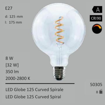  50305 - 8W=32W LED Globe 125 Curved Spirale klar E27 350Lm 360 Ra>90 2000-2800K Ambient Dimming  39.18USD - 43.54USD  