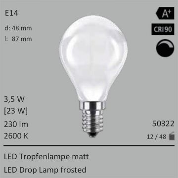  50322 - 3,5W=23W LED Tropfenlampe matt E14 230Lm 360 Ra>90 2600K dimmbar  1990.29JPY - 2212.38JPY  