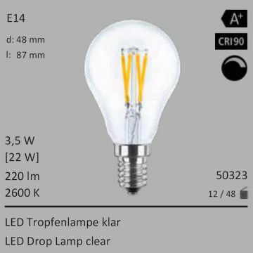  50323 - 3,5W=22W LED Tropfenlampe klar E14 220Lm 360 Ra>90 2600K dimmbar  12.48USD - 13.87USD  