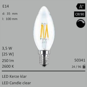  50341 - 3,5W=25W LED Kerze klar E14 250Lm 360 Ra>90 2600K dimmbar  9.84GBP - 10.94GBP  
