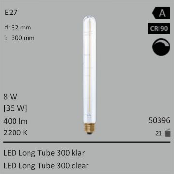  50396 - 8W=35W Segula LED Tube 300 klar E27 400Lm CRI90 2200K dimmbar  25.02USD - 27.81USD  