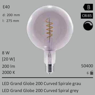  50400 - 8W=20W Segula LED Grand Globe 200 Curved Spirale grau E40 200Lm CRI90 2000K dimmbar  9145.60JPY - 10162.72JPY  