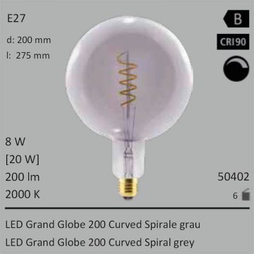  50402 - 8W=20W Segula LED Grand Globe 200 Curved Spirale grau E27 200Lm CRI90 2000K dimmbar  9145.60JPY - 10162.72JPY  