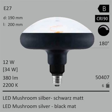  50407 - 12W=34W Segula LED Mushroom schwarz matt E27 380Lm 180 CRI90 2200K dimmbar  10671.28JPY - 11857.92JPY  