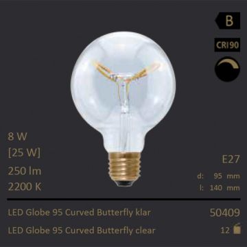  50409 - 8W=25W Segula LED Globe 95 Curved Butterfly klar E27 250Lm CRI90 2200K dimmbar  4339.71JPY - 4568.56JPY  