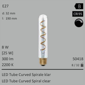  50418 - 8W=25W Segula LED Tube Curved Spirale klar E27 250Lm CRI90 2200K dimmbar  4517.18JPY - 4859.49JPY  