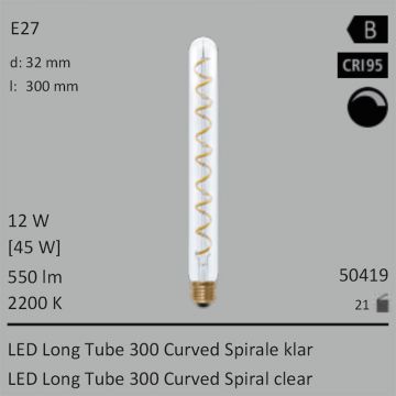  50419 - 12W=45W Segula LED Long Tube 300 Curved Spirale klar E27 550Lm CRI95 2200K dimmbar  5372.92JPY - 5972.57JPY  