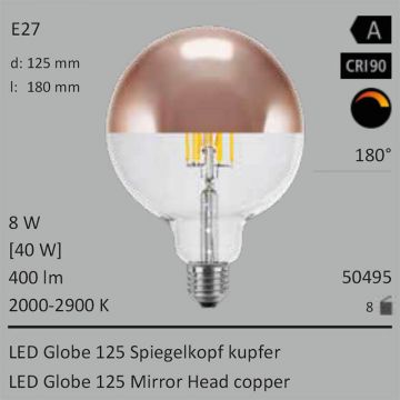  50495 - 8W=40W LED Globe 125 Spiegelkopf kupfer klar E27 400Lm 360 Ra>90 2000-2900K ambient dimmbar  5065.41JPY - 5629.18JPY  