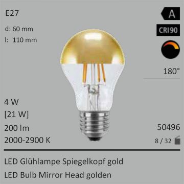  50496 - 4W=21W LED Spiegelkopf Birne gold E27 200Lm 180 Ra>90 2000-2900K ambient dimmbar  17.44GBP - 19.39GBP  