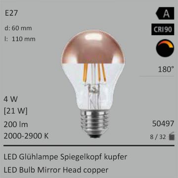  50497 - 4W=21W LED Spiegelkopf Birne kupfer E27 200Lm 180 Ra>90 2000-2900K ambient dimmbar  15.16GBP - 16.86GBP  