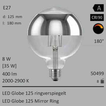  50499 - 8W=35W LED Globe 125 Ringverspiegelt silber E27 400Lm 360 Ra>90 2000-2900K ambient dimmbar  5026.27JPY - 5585.68JPY  