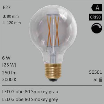  50501 - 6W=25W LED Globe 80 Smokey grau E27 250Lm 360 Ra>90 2000K dimmbar  3805.72JPY - 4229.52JPY  
