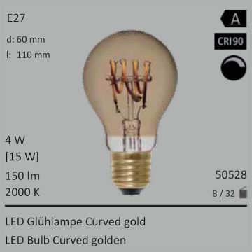  50528 - 4W=15W LED Glhlampe Curved gold E27 150Lm 2000K dimmbar  3594.34JPY - 3996.42JPY  