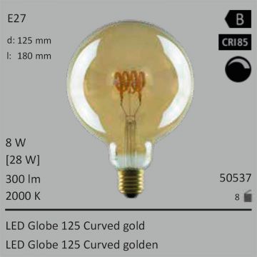  50537 - 8W=28W Segula LED Globe 125 Curved gold E27 300Lm CRI90 2000K dimmbar  28.39USD - 31.56USD  