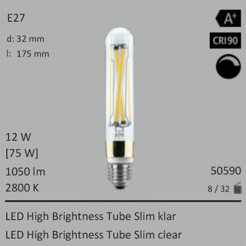  50590 - 12W=75W Segula LED High Brightness Tube Slim klar E27 1050Lm CRI90 2800K dimmbar  8502.43JPY - 9448.10JPY  
