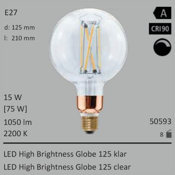  50593 - 15W=75W Segula LED High Brightness Globe 125 klar E27 1050Lm 360 Ra>90 2700K dimmbar  54.91USD - 61.02USD  