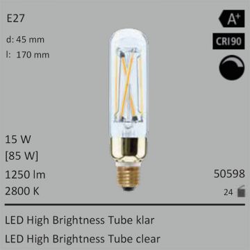  50598 - 15W=85W Segula LED High Brightness Tube klar E27 1250Lm CRI90 2800K dimmbar  62.62USD - 69.60USD  