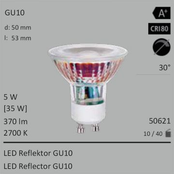  50621 - 5W=35W Segula LED Glas-Spot Reflektor GU10 370Lm 30 CRI80 2700K  1153.72JPY - 1280.95JPY  